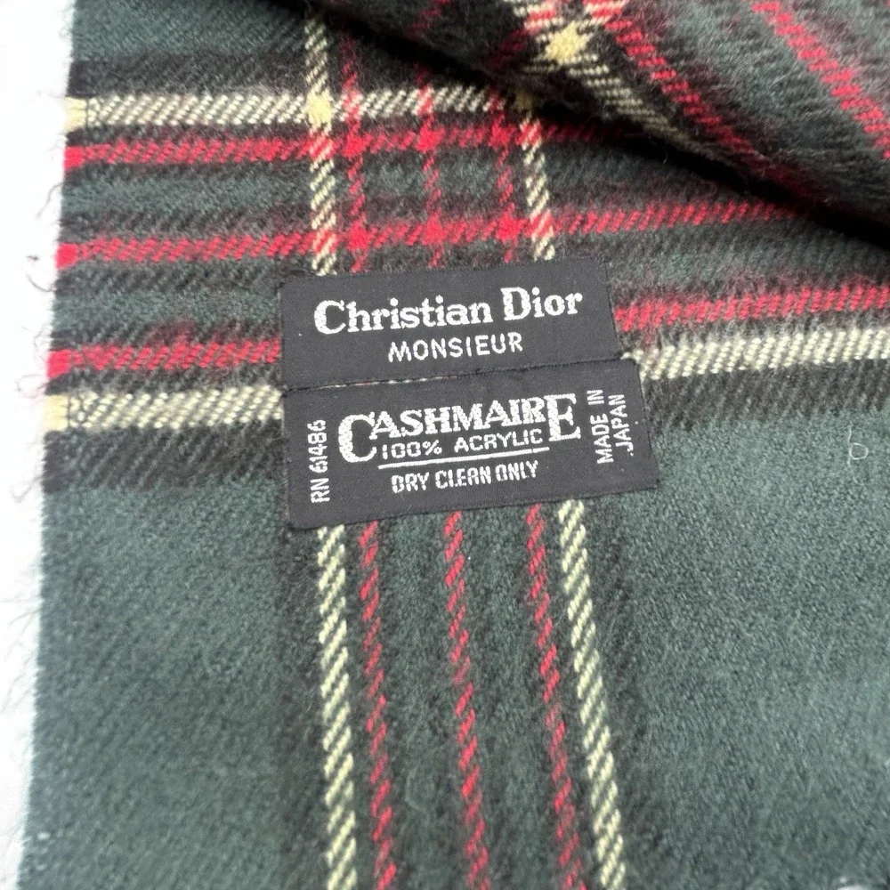 Vintage Christian Dior Monsieur Scarf Green Tartan Plaid Made Japan Fringe